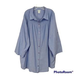 Swim 365. Chambray Blue Long Sleeve Button Front Swim Cover Tunic. Size 2X.